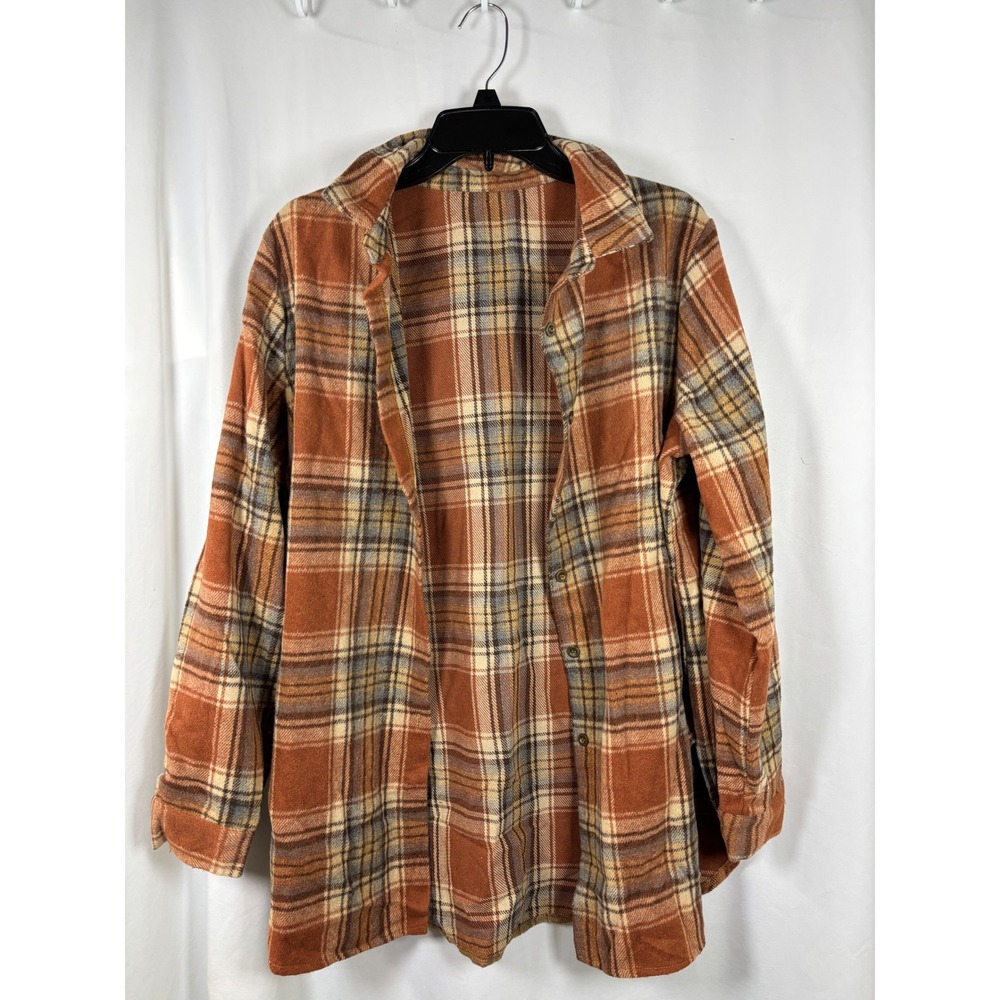 Womens Plaid Flannel Button Down Shirt Burnt Orange Brown Tartan Shacket Large